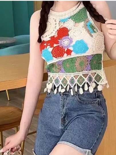 Women's Retro Vacation Chic Contrast Color Fringe Knitted Tank Top
