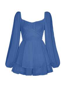 Women Puff Long Sleeve Romper Off Shoulder Ruffle Flowy Short Jumpsuit Layered Pirate Dress With Shorts Playsuit - Blue - View 7