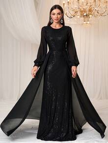 YISIKADO 女士正式晚宴礼服，优雅奢华闪亮雪纺长袖连衣裙，适合婚礼、度假、春季等场合，黑色 - 黑色 - 查看 5