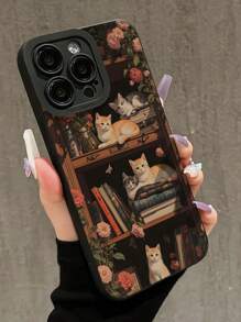 1 Stück Retro kreative Buchablage & Blumen Muster Schwarze Katzen Augen Handyhülle mit Vollschutz, kompatibel mit iPhone 11/12/13/14/15/16 Pro Max