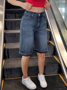 Women's Casual Washed Loose Pocket Rib Detail Mid-Length Denim Shorts - Grey - View 11