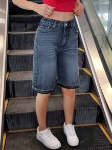 Women's Casual Washed Loose Pocket Rib Detail Mid-Length Denim Shorts