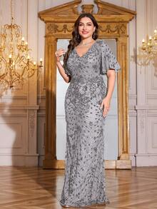 hezixi High Quality Elastic V-Neck Plus Size Sequin Splice Form-Fitting Dress, Elegant & Graceful, Suitable For Evening Date, Wedding, Party, Birthday, Anniversary, Cocktail, Formal Dinner, Wedding Guest, Singles Party, Holiday, Summer & Autumn - 深灰色 - 查看 3