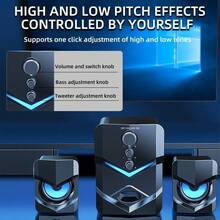 Altavoz de escritorio estéreo de alta calidad 2.1 con iluminación ambiental LED - Alimentado por USB, toma de audio de 3.5 mm, conexión por cable para PC, portátil, tableta, consola de juegos y dispositivos MP3/MP4, diseño moderno con acentos azules, altavoz portátil - Negro - Ver 6