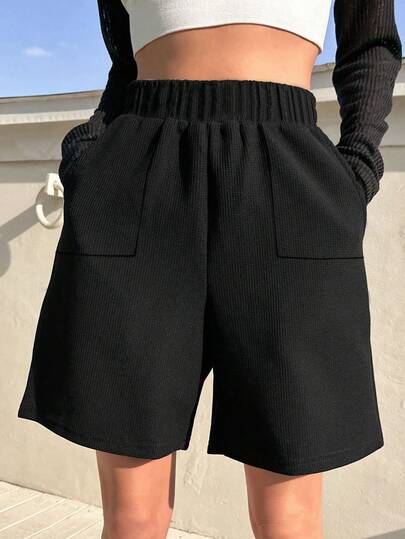 1 件青少年女孩舒适休闲户外运动/度假华夫格纹理宽松短裤，带大口袋，春夏秋