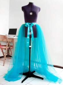 1pc European & American Style Tulle Skirt With Waist Tie & Detachable Lining, Available In Black, White, Red