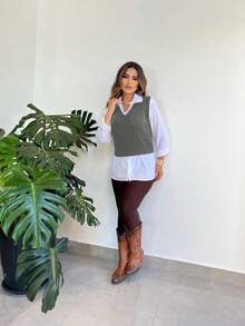 V-Neck Braided Knit Sweater Vest - Dark Grey - View 4