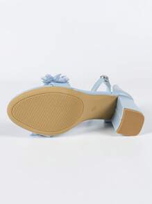 Women's Light Blue Flower Decor Metal Buckle Strap Square Toe Chunky Heel Sandals, Sweet & Fresh Style For Summer Daily & Vacation