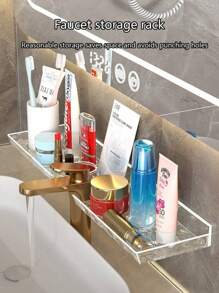 1 Stück Acryl Armatur Aufbewahrungsregal - platzsparender Hängeorganizer für Badezimmer Waschbecken | Wandmontierter Seife & Zahnbürstenhalter mit Ablauflöchern | Wasserdicht & rostfrei - perfekt für kleine Badezimmer, Wohnmobile & Studentenwohnheime | Schlichtes modernes Design - Haltekleinfrei auf der Arbeitsplatte!