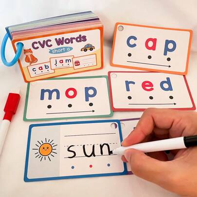 Lachilly بطاقات وميض كلمات CVC، 60 بطاقة لتعليم الأطفال الإنجليزية، بطاقات تعليمية قابلة لإعادة الاستخدام لممارسة القراءة والكتابة والتحريف، لعبة تعليمية للأطفال الصغار من نظام مونتيسوري، أدوات تعلم تفاعلية لمرحلة ما قبل المدرسة والروضة