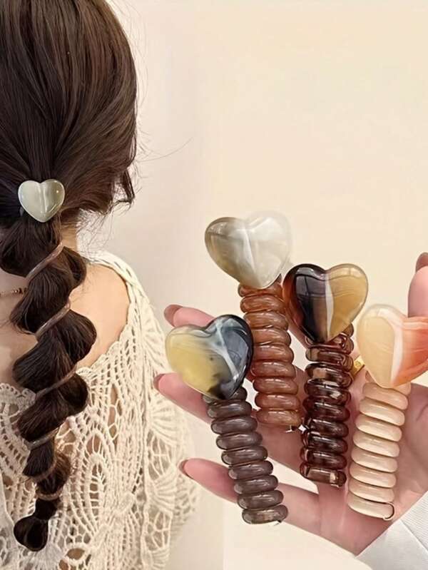 4pcs/Set - Elegant And Cute Heart-Shaped Spiral Hair Bands, Resin Colorful Ponytail Hair Accessories Suitable For Ladies And Girls