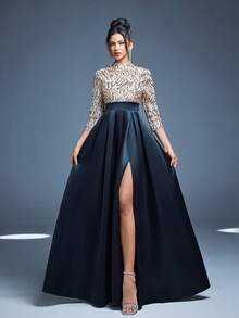 Mgiacy New Arrival High Neck Halter Fancy Evening Gown Dress Sequin Bow High Slit Satin A-Line Dress - Black - View 4