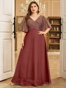 UNITHORSE Plus Size Elegant V-Neck Ruffle Sleeve Sequin Patchwork Chiffon Ruffle Hem Maxi Dress, Suitable For Party, Wedding Guest, Formal Occasion, Gala, Bridal Shower, Graduation Ceremony And More Spring - 紅木色 - 查看 3