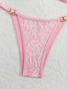 Set di bikini da donna con top a fascia regolabile in tessuto di pizzo, dettagli con fiocco sulla schiena e decorazione in perle