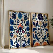 1 件/2 件斯堪的纳维亚民间艺术花卉印花套装 - 蓝白色墙壁艺术配金色边框，非常适合卧室和客厅装饰，现代和古典风格，室内墙壁装饰 | 花卉图案 | 装饰性墙壁装饰可选框架 - 彩色 - 查看 2