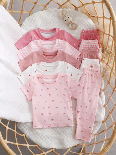 5pcs/Set Baby Girls Cute Short Sleeve T-Shirts - Rainbow, Cherry And Striped Print, Soft Knitted Fabric, Suitable For Spring/Summer Casual Wear, Baby Girl Clothes
