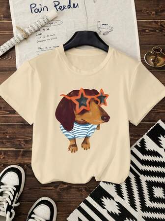 Spring/Summer Women's Khaki Graphic Tees, Indoor Fashion Office Dachshund Print Girl T-Shirt, Daily Work Wear, Short-Sleeved Crew Neck Casual Top