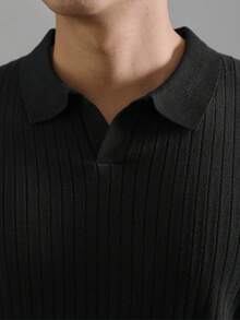 Men's Ribbed Knitted Polo Shirt With Short Sleeves, Summer - Black - View 4