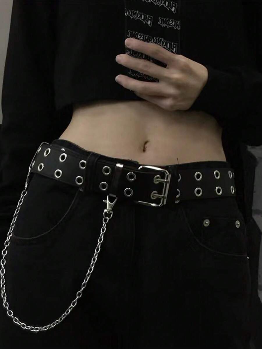 Square Buckle Punk Silver Double - Eyelets Chain - Decor Jeans Belt - Y2K Stylish & Timeless Versatile Essential Summer, School Casual, Business, Boyfriend Husband Father Dad Men Gift, Daily Wear, Fashion, Teen, Outdoor, Vacation, Athletic, Travel, Street, Boho, Vintage Fall, Autumn, Halloween Autumn-Winter Accessories,Suitable For Teens, Youth,Men,Casual, Outdoor, Athletic, Vacation, Graduation Gifts, Birthday, Daily Wear