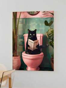 1pc Black Cat Bathroom Wall Art Poster, Abstract Cat Reading Newspaper With Modern Plant Pattern Colorful Canvas Poster Print Decor, Suitable For Living Room Bedroom, Frame Optional - Multicolor - View 15