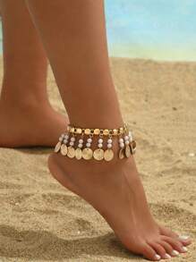 1pc Boho Personalized Exaggerated Beaded Retro Coin Anklet, Suitable For Beach Vacation Wear