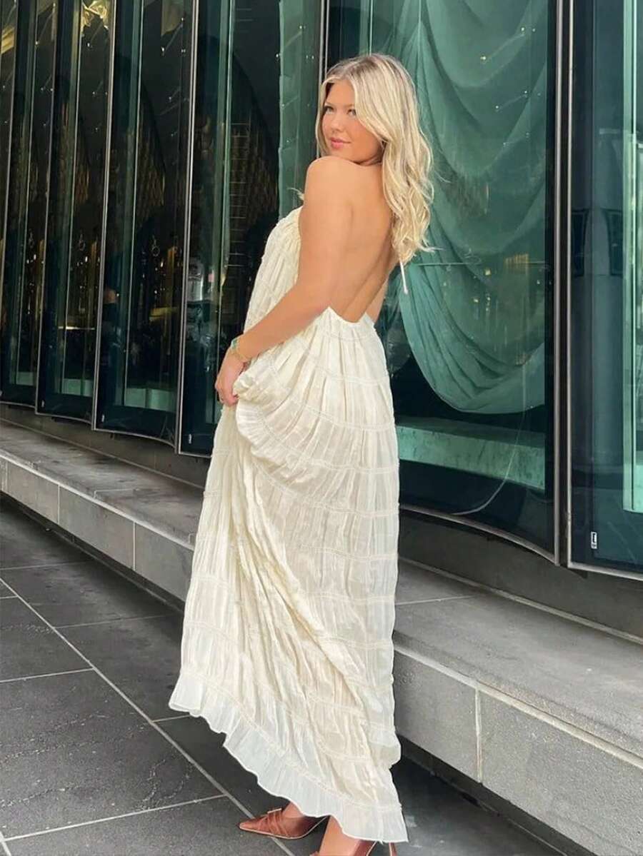 Women's Halter Neck Long Dress, Sleeveless Casual Cami Style With Asymmetrical Hem And Back Knot Detailing In Woven Fabric Party Summer Elegant - Apricot - View 1
