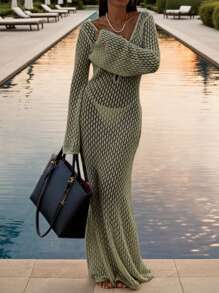 Spring-Summer Crocheted V-Neck Backless Ruched Waist Bodycon Dress For Holiday,Beach Vacation