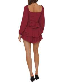 Women Puff Long Sleeve Romper Off Shoulder Ruffle Flowy Short Jumpsuit Layered Pirate Dress With Shorts Playsuit - Burgundy - View 6