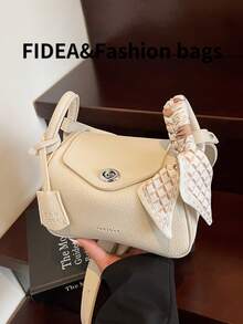 时尚新款女士单肩/斜挎水桶包，简约纯色 PU 皮革蜥蜴纹理设计，围巾包裹手柄，个性金属扣装饰，大容量通勤购物手提包 - 白色 - 查看 7