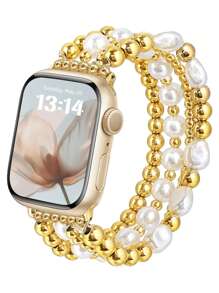 Pulseira de relógio feminina, pulseira de relógio com contas de pérola douradas, compatível com 38/40/41/42/44/45/46/49 mm, compatível com Ultra/Se/10/9/8/7/6/5/4/3/2/1, feita à mão, pulseira elástica leve, estilo retrô, adequada para uso diário e como presente de aniversário, pulseira de relógio