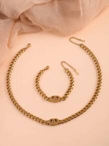 Gold Cuban Chain Geometric Charm Necklace & Bracelet Set, Hip-Hop Thick Chain Jewelry Set, Suitable Gift For Mom, Wife, Friends, Students