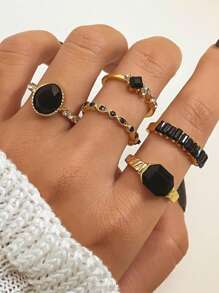 5pcs Fashion Cubic Zirconia Rings Set In Purple, Green, Black, Geometric Shapes, Suitable As Gifts For Girlfriend, Birthday, Anniversary, Holiday, Wedding, Date Party, Daily Wear