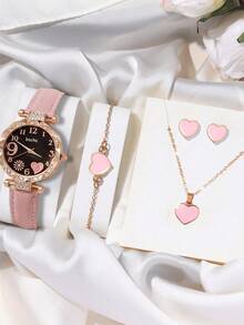 A Quartz Watch+Heart-Shaped Jewelry Set - Black - View 14