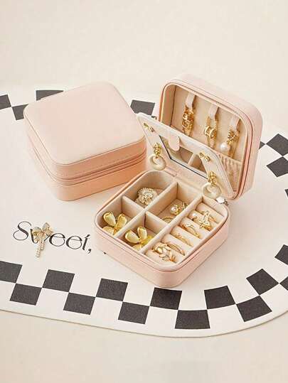 1pc Summer Travel Jewelry Box With Mirror, Holiday Vacation Jewelry Storage Case, Portable Waterproof Organizer Box, Large Capacity Compartment Jewelry Box, Multi-Functional Detachable Compartments For Rings, Necklaces, Hooks, Zipper Closure, Suitable For Desktop, Lipstick, Elegant Home Bedroom, Gift For Girlfriend, Ladies, Birthday, Holiday