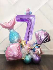 24pcs Mermaid Shell Balloon Set, 40-Inch Extra Large Purple Numeral Foil Balloon, Birthday Party Ocean Shell Theme Party Wedding Mermaid Party Decor - Multicolor - View 9