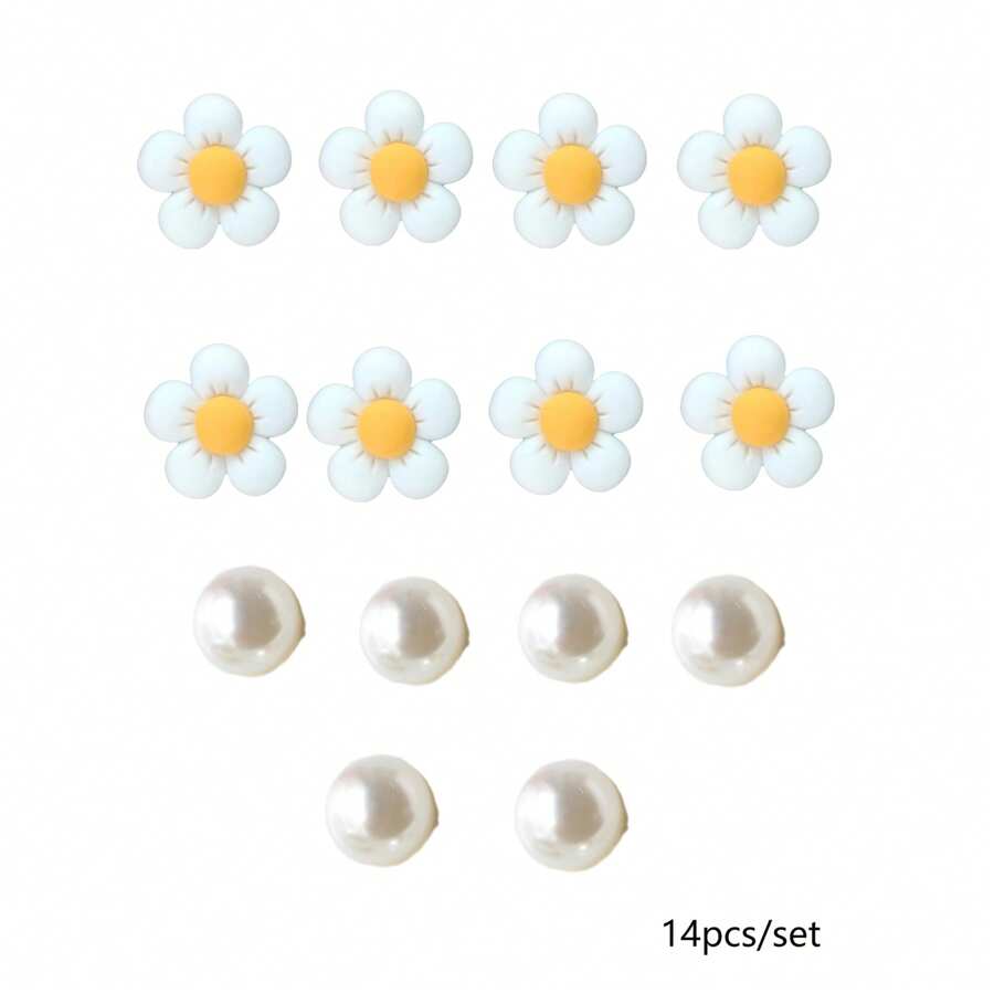 7pcs/14pcs Pearl Flower Shoe Charms, ABS DIY Decorations For Clogs, Sandals, And Hole Footwear, Versatile For Valentine'S Day, Easter, Mardi Gras, Christmas - Craft Accessories For Party And Dance