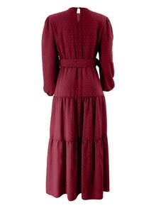 New Fashion Lace-Up Long Sleeve Dress For Women, Elegant Casual Daily Muslim Dress, New Year Dress - Burgundy - View 3