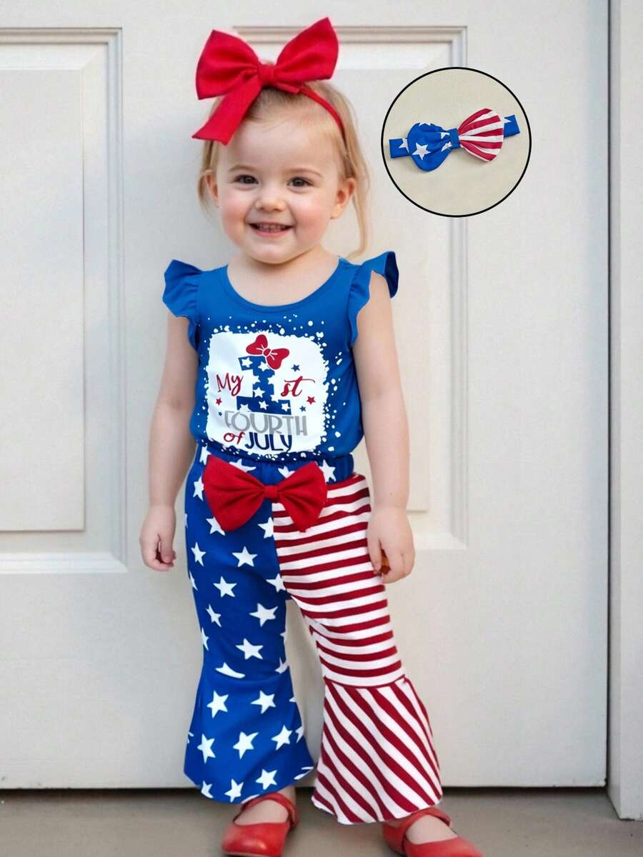 4th Of July Baby Girl Bodysuit Pants Outfit Print Ruffled Flying Sleeve Romper Bell Bottoms And Bow Headband 3Pcs Fourth Of July Outfit - 藍色 - 查看 1