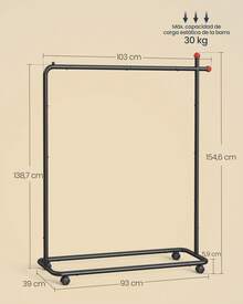 Perchero, Perchero Metálico con Ruedas, 1 Barra para Colgar, Ganchos para Cerillas, Negro Tinta - Negro - Ver 5