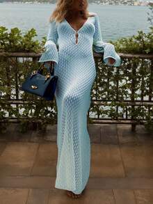 Crochet V-Neck Backless Ruched Waist Fitted Dress, Suitable For Holiday Wear, Fashionable And Elegant, Sexy And Minimalist, Solid Color Casual Knit Maxi Dress, Suitable For Beach, Halloween Costume, White Swimsuit, Autumn Fashion, Valentine's Day, New Year, Year-End, Christmas Party And Other Occasions. - Baby Blue - View 3