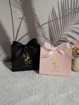 10/50/100pcs Custom Initial Wedding Favor Boxes With Bow, Personalized Monogram Gift Box With Names & Date For Guest, Elegant Candy Packaging For Engagement, Reusable Thank You Box For Party Or Bridal Shower, Multi-Functional, Stylish, High-Quality, Colorful, Ideal Gifts For Him, Tea Room, Home, Garden, Office, For Anniversaries, For Valentine's Day, For Mother's Day, For Birthdays, For Father's Day, For Graduation, For Weddings, For Housewarming, Art Activities For Children