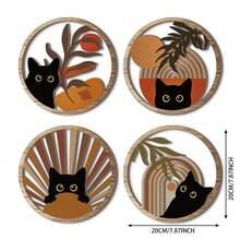 4件套波西米亚风猫咪墙饰，木质波西米亚风植物墙牌，农舍几何悬挂式简约装饰艺术品，适用于公寓（卧室自粘式），房间装饰，墙面装饰 - 彩色 - 查看 2