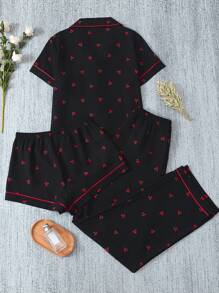 Set de 3 piezas con cárdigan de manga corta con volantes, pantalones cortos y pantalones de pijama con estampado rojo de cerezas, para vacaciones