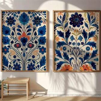 1pc/2pcs Scandinavian Folk Art Floral Print Set - Blue & White Wall Art With Golden Borders, Ideal For Bedroom & Living Room Decor, Modern & Classic Style, Indoor Wall Decor | Floral Patterns | Decorative Wall Decor Optional Frame