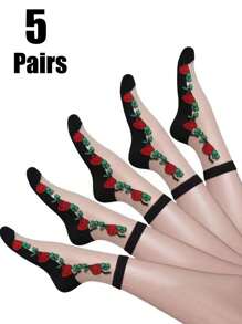 5 Pairs Women Thin Floral Print Mid-Calf Socks, Soft, Breathable, Non-Slip, Suitable For Daily Wear, Summer/Fall