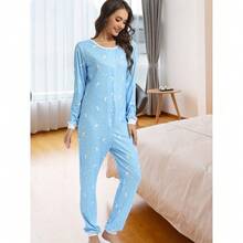 Local Delivery- Bodycon One Piece Pajamas Bodysuit Romper Sleepwear Women'S Round Neck Long Sleeve Moon & Star Printing Jumpsuit - Light Blue - View 2