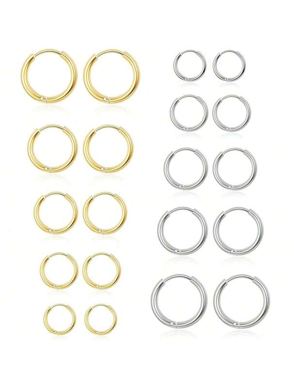 Set de 10 pares de pendientes de aro de plata para mujeres, pendientes de aro hipoalergénicos y ligeros de acero quirúrgico, aros pequeños y pequeños para niñas y hombres (8 mm, 10 mm, 12 mm, 14 mm, 16 mm)