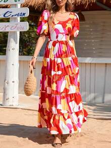 Women's Dress, Puffed-Sleeve Floral Casual Summer Dress, Pleated Back, Beach Flowing, Layered Long Sundress - 紅底彩色花 - 查看 3