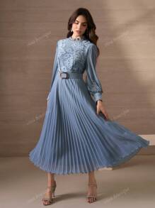 Elegant & Luxurious Water-Soluble Lace Patchwork Flowing Chiffon Dress For Women, With Frilly Stand Collar, Long Sleeves, Ruched Hemline, Leather Belt Decor, Luxury