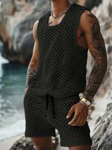 Men's Summer Hollow Mesh Vest & Shorts Set, Beach Style - Black - View 1